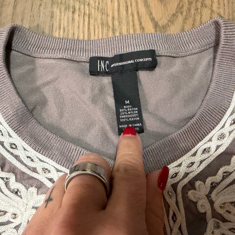 INC International Concepts Gray Cardigan with White Embroidery - Picture 2 of 3